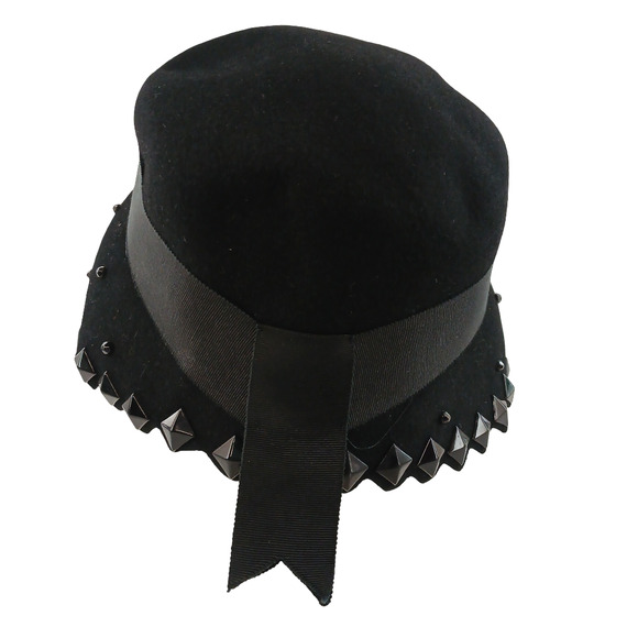 Lot of 2 VTG Womens Black Cloche Hat Studded Trim Rhinestone Brooch Gothic Style main image 6
